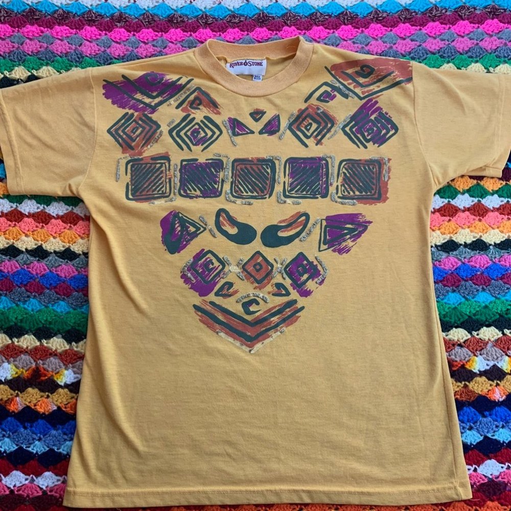 Vintage 90s River Stone Abstract Art Print Metallic USA Made Graphic T-S… - Picture 6 of 15